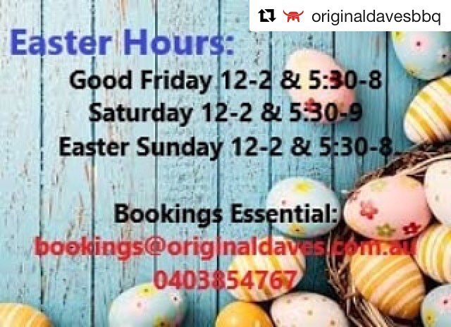 This weekend.. Get your BBQ fix at @originaldavesbbq - #Repost @originaldavesbbq・・・WE ARE OPEN EASTER WEEKEND!!BOOK NOWBOOKINGS@ORIGINALDAVES.COM.AU