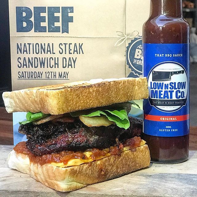 #Repost @lownslowmeatco・・・NATIONAL STEAK SANGA DAY!!It’s on tomorrow and you can not ignore it. We will have a cracker Steak Sanga available. Reverse seared rib fillet, cheese, toms tomato relish, double smoked bacon, cos lettuce and That BBQ sauce.If you want to make your own we have plenty of rib fillet, sirloin and rump in stock.Hot food from 9.30am #lownslowmeatco #themeatnheattraders