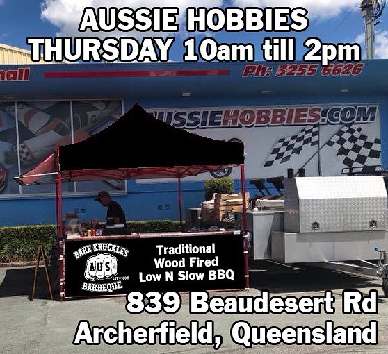 From tomorrow you’ll find BKB setup every Thursday at Aussie Hobbies at Archerfield from 10am till 2pm - Brisket Burgers, Pulled Pork Burgers, Chicken Wings, MAC n Cheese and Soft Drinks on offer to start with... Come at me !! 🏻🏻🏻