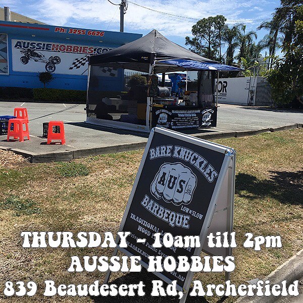 Tomorrow at Aussie Hobbies - Standard Menu, plus 3 pin Pork Ribs & Slaw $14 and the BKB BBQ Box (Brisket, Pulled Pork, Hotlink (Sausage), Chicken, Slaw & Pickle - $16.50) - See you there - 839 Beaudesert Rd, Archerfield - 10am till 2pm