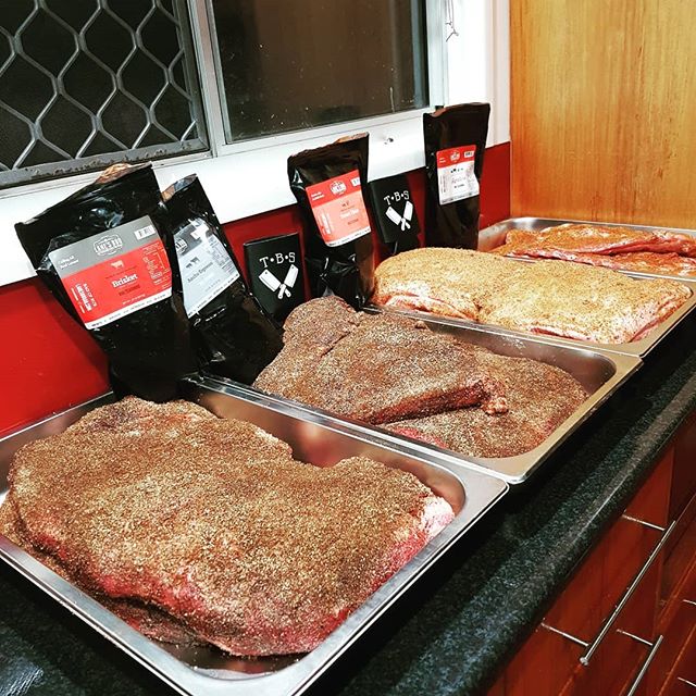 Meat Prep done for tomorrow's smoke.. with the exception of 16kg of wings to chop and rub, then in a few hours in to the 'stick burner' it goes... going to be another long day.. see you in my driveway from 2am .. or at @semiprobrewingco from 1pm Proteins from the Meat Masters @thebutchershoppeau Rubs from @lanesbbqau Heat from the legend @bradkingsfirewood Smoker: @radarhillsmokers Everthing else is pure BBQ Wizardry... #lownslowbbq #lownslow #brisbane #woodfiredbbq #ironbark #capegrim #borrowdale #bareknucklesbbq #bareknuckles