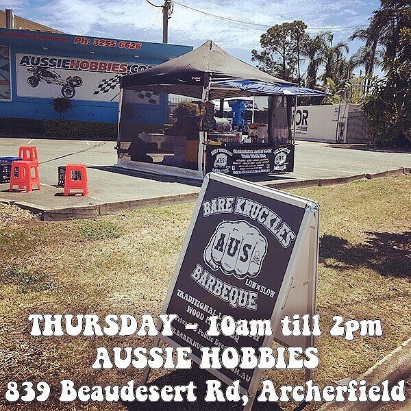 THURSDAY LUNCH - (23rd May) - Aussie hobbies - 839 Beaudesert Rd, Archerfield - 10 till 2pm - Brisket Burgers, Pulled Pork Burgers, Chicken Wings, BBQ Boxes and more.. see you there.. rain, hail & shine !! .... 🏻