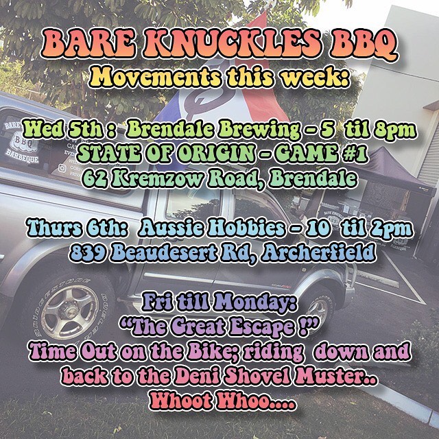 Only 2 x Pop-Ups this week.. as I’m taking four days off and heading south on my black bike 🏻—-Wed: @brendalebrewingco for State of Origin Game 1 - food Service from 5pm-Thurs: Aussie Hobbies - 10 till 2pm-Fri till Mon: Down and back to Deni @shovel_muster - Yeehaaaaa 🏻————-#lownslow #barbeque #lownslowbbq #brisket #brisbane