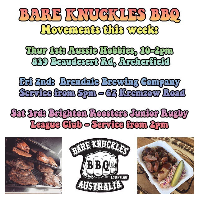 Movements This Week:- - - Thurs 1st: Aussie Hobbies, 10 til 2pmFri 2nd: @brendalebrewingco from 5pmSat 27th:  Brighton Roosters JRL from 2pm- - - #lownslowbbq #lownslow #brisket #pork #lamb #chicken #barbeque #barbecue #brisbane #bareknucklesbbq #familyowned #familyrun #supportlocal