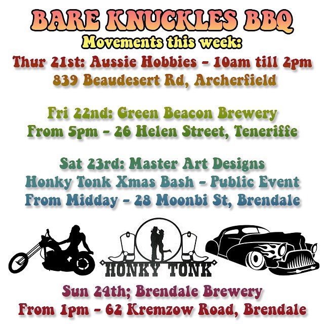 Movements This Week:Thur: @aussiehobbiesshop Fri: @greenbeacon Sat: @master_art_designs Sun: @brendalebrewingco -#brisket #lownslowbbq #lownslow #pork #chicken #lamb #itsgoodbbq #traditionalbbq #brisbane #queensland