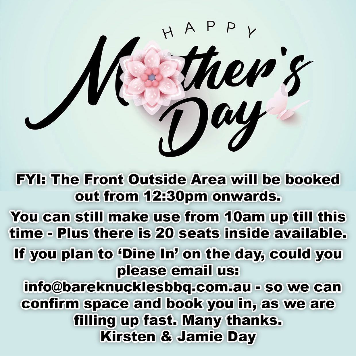Mother’s Day - we are filling up fast ! - if you’d like to book a table - please send an email to info@bareknucklesbbq.com.au - thanks, Kirsten & Jamie 🏻