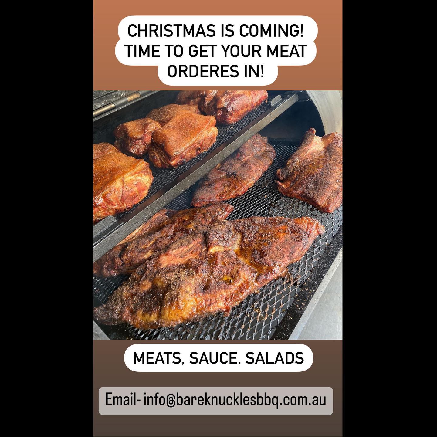 Christmas is quickly approaching! Time to send in you bulk meat orders for Christmas Day or the holidays. Pickup available until 2pm Christmas Eve, can collect hot or cold! Send through enquires to our email: info@bareknucklesbbq.com.au