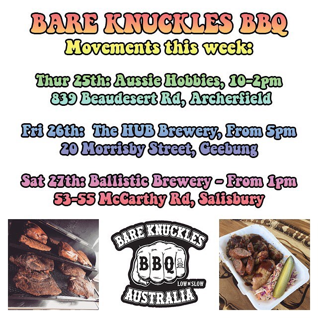 Movements This Week:- - - Thurs 25th: Aussie Hobbies, 10 til 2pmFri 26th: @hubbrewing from 5pmSat 27th: @ballisticbeer from 1pm- - - #lownslowbbq #lownslow #brisket #pork #lamb #chicken #barbeque #barbecue #brisbane #bareknucklesbbq #familyowned #familyrun #supportlocal