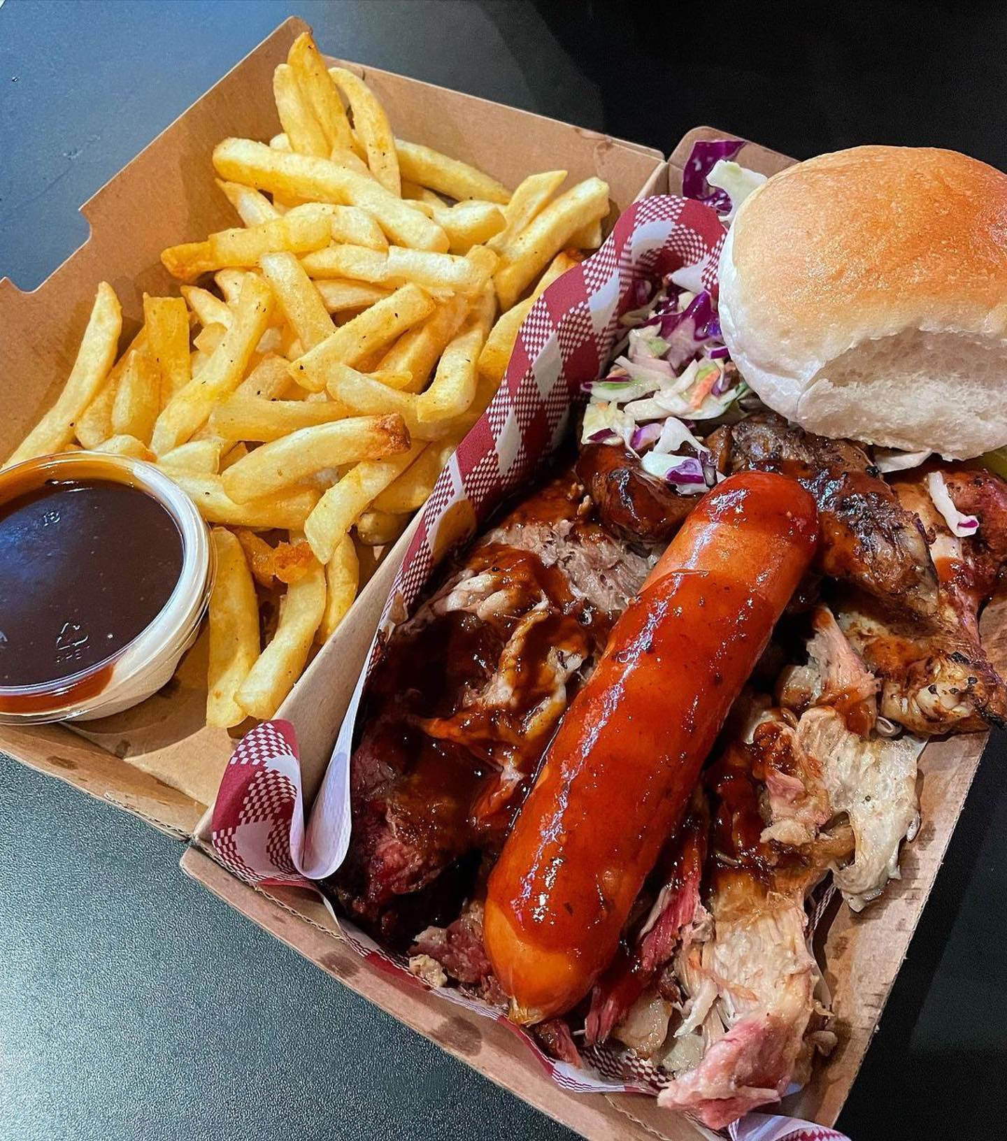 Thank-you @lisavsfood 🏻・・・#repostFell in love the 1st time I visited and now after the 2nd time.. pleased to confirm I still really love this place 🥰 @bareknucklesbbq  BBQ BOX FOR ONE $22.50Beef brisket, pulled pork, cheese kransky, chicken wings, slaw, pickle & dinner roll + Small Fries $4+ Brisket Gravy $1.25