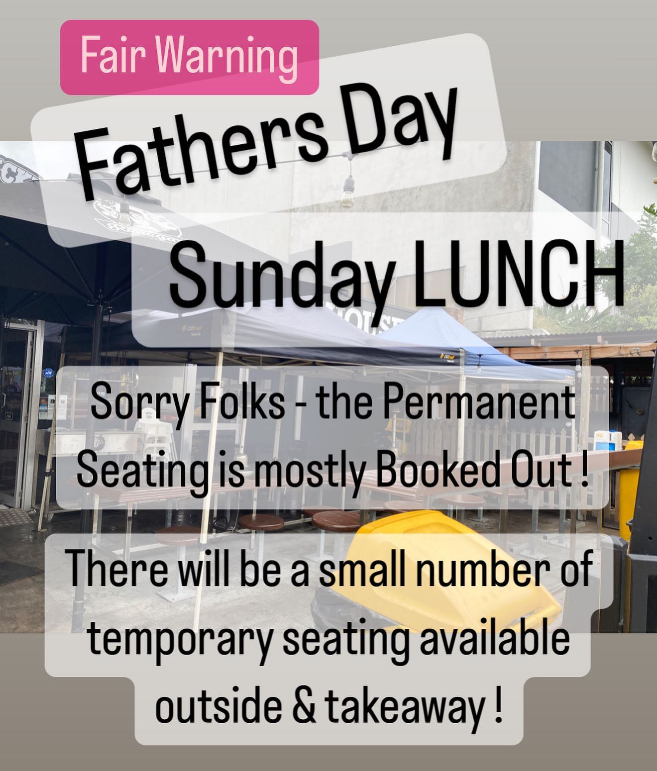Hey Crew, Fathers Day is a big one this year ! And with that, for lunch most of our permanent seating is booked out ! I’m trying to put together some temporary seating outside, but that won’t be book-able ! There still is some seats available for Dinner..!? Apologies.. but after October.. seating space/options will be expanding in a BIG way (Hint, Hint!). Take Away and Self Catering is still available !!! 🏻 - 617 Toohey Rd, Salisbury