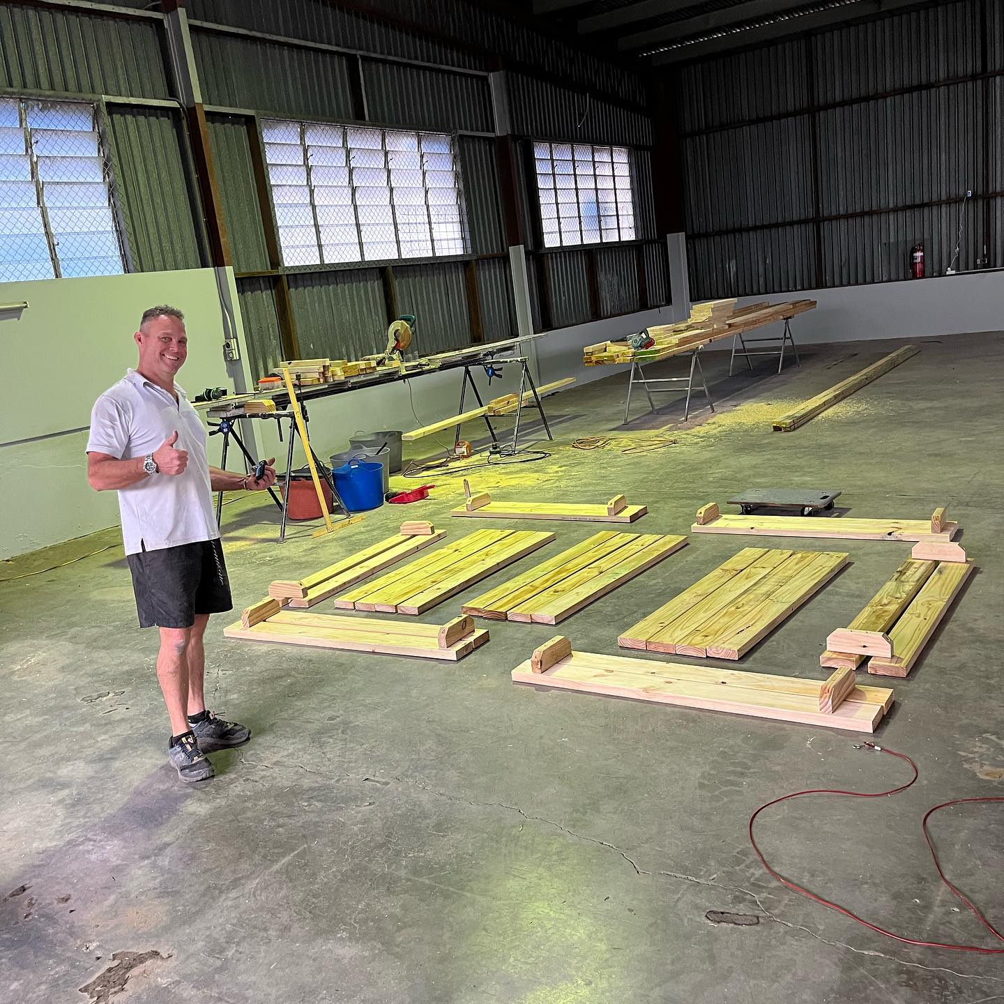 My man @taizlewood75 is back in the house.. today he started on the replacement picnic tables for out front.. then we begin works on the rest of the place !! Sooo much to do !! Todd did all the works over two years ago helping to put the shop together for our opening !! Thanks buddy 🏻