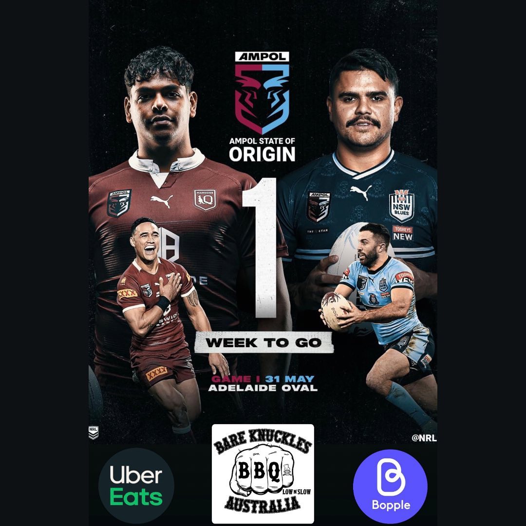 State of Origin is a week away! And what better way to enjoy the footy is with some excellent BBQ!!!If you’re hosting the game then we can sort dinner with our self catering option, simply email info@bareknucklesbbq.com.au for pricing. Or feel free to order off our menu through Bopple to skip the que and collect fresh from the kitchen or UberEats to be delivered straight to your door! Self catering orders cut off date is by Sunday the 28th. We will be open as usual till 8pm so the team can cheer on for their chosen team after! 🏽🥳